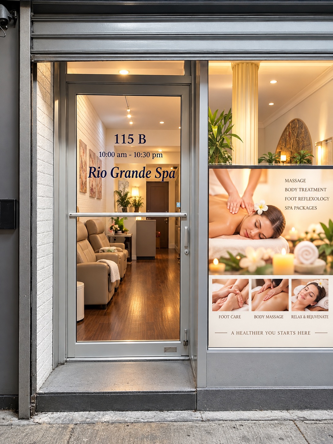 Glass entrance door of Rio Grande Spa at 115B Mott Street showing the reclining chairs and warm wood floor inside